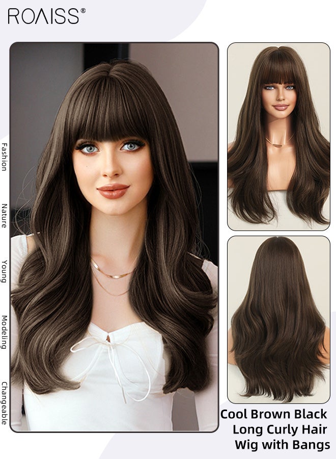 roaiss Long Curly Hair Wig with Bangs for Women, Natural Soft Synthetic Heat Resistant Hair Natural Looking Wig for Wedding Cosplay Party Daily Wear, Cool Brown, 60cm (24 inches) - Image 1